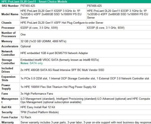 HPE PL DL20g11 6325P (3.5G/ 4C8T) 1x32G (P64339) 2x480G SSD VROC 4SFF-HP 4p1Gb 1x1000W Smart Choice3