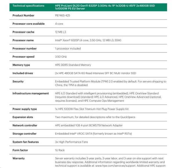 HPE PL DL20g11 6325P (3.5G/ 4C8T) 1x32G (P64339) 2x480G SSD VROC 4SFF-HP 4p1Gb 1x1000W Smart Choice7