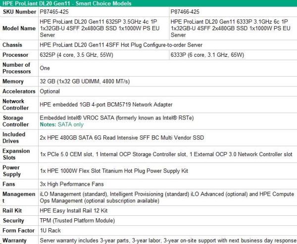 HPE PL DL20g11 6333P (3.1G/ 6C12T) 1x32G (P64339) 2x480GB VROC 4SFF 1x1000W 4x1G NBD333 Smart Choice5