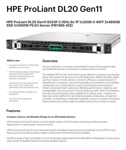 HPE PL DL20g11 6333P (3.1G/ 6C12T) 1x32G (P64339) 2x480GB VROC 4SFF 1x1000W 4x1G NBD333 Smart Choice8
