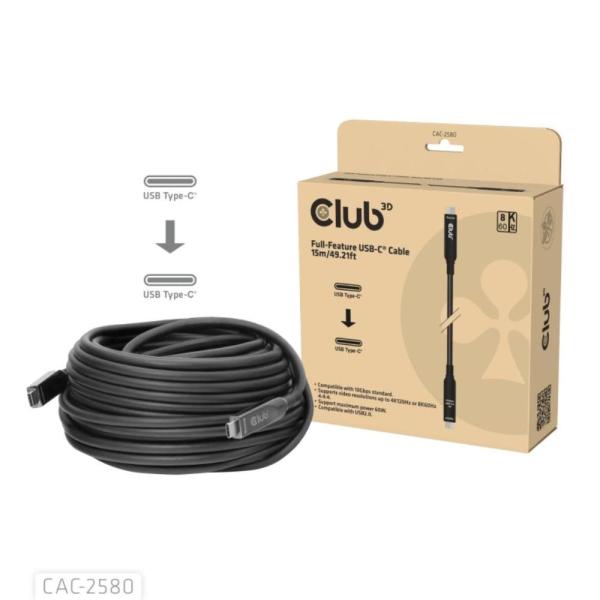 Club3D Kabel USB-C,  10 Gbps,  4K120Hz,  8K60Hz,  60W,  Bi-directional,  15m,  černá