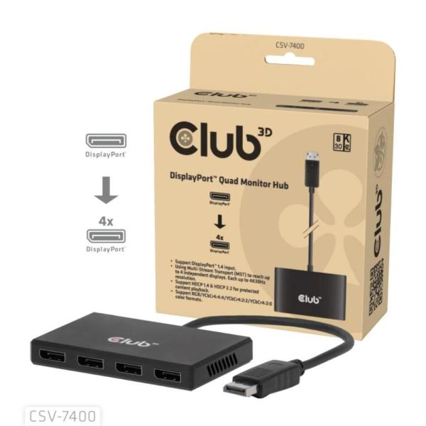 Club3D hub MST (Multi Stream Transport) DisplayPort 1.4 na 4x DisplayPort,  Quad monitor,  4x 4K30Hz,  8K30Hz