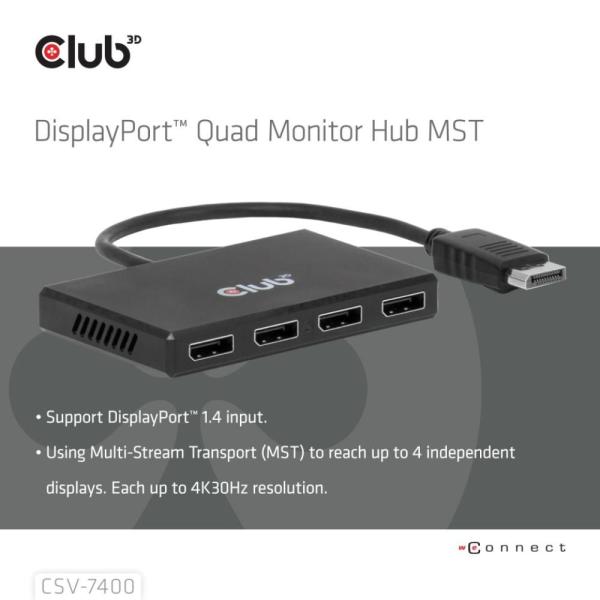 Club3D hub MST (Multi Stream Transport) DisplayPort 1.4 na 4x DisplayPort,  Quad monitor,  4x 4K30Hz,  8K30Hz1
