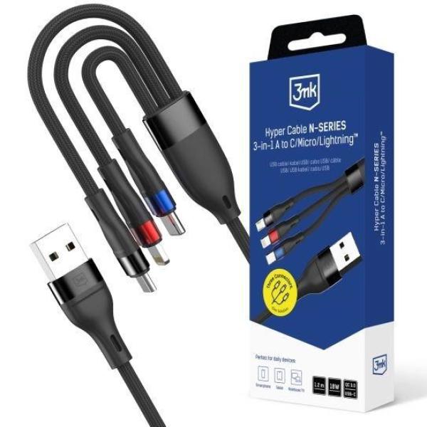3mk kabel Hyper Cable N-SERIES A to C/ Lightning/ Micro 1.2m 9V/ 2A 18W QC3.0 Black