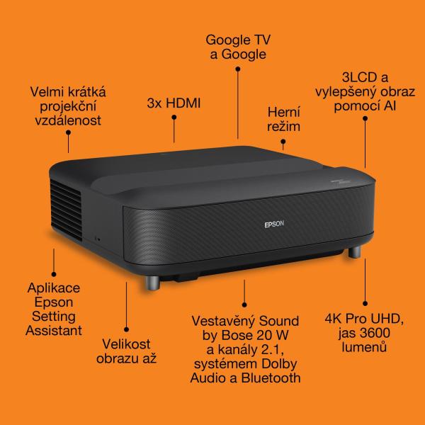 Epson Lifestudio Grand – EH-LS670B metalická čierna,  4K PRO-UHD,  3600lm,  HDMI,  USB,  Google TV,  240Hz4