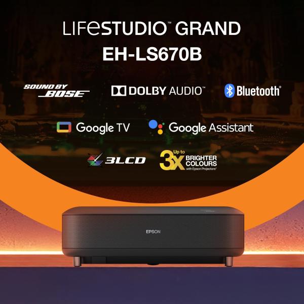 Epson Lifestudio Grand – EH-LS670B metalická čierna,  4K PRO-UHD,  3600lm,  HDMI,  USB,  Google TV,  240Hz5