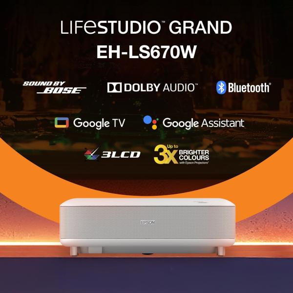 Epson Lifestudio Grand – EH-LS670W diamantová biela,  4K PRO-UHD,  3600lm,  HDMI,  USB,  Google TV,  240Hz5