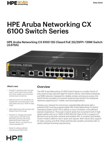 Aruba 6100 12G Class4 PoE 2G/ 2SFP+ 139W Switch JL679A RENEW4