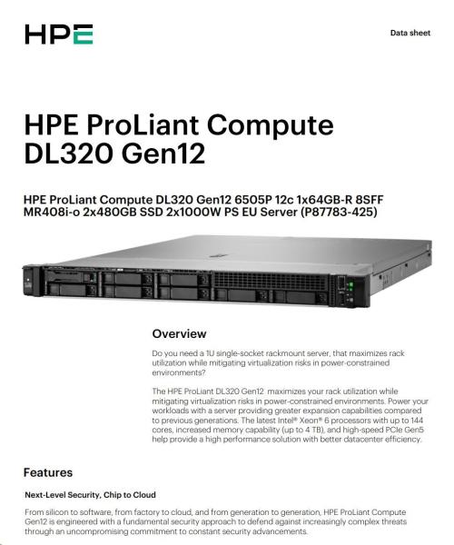 HPE PL DL320g12 6505P (2.2/ 12C) 1x64G (P69728) MR408i-o 8SFF 2x480G 2x1000W 1GbE PF NBD333 Smart Choice5