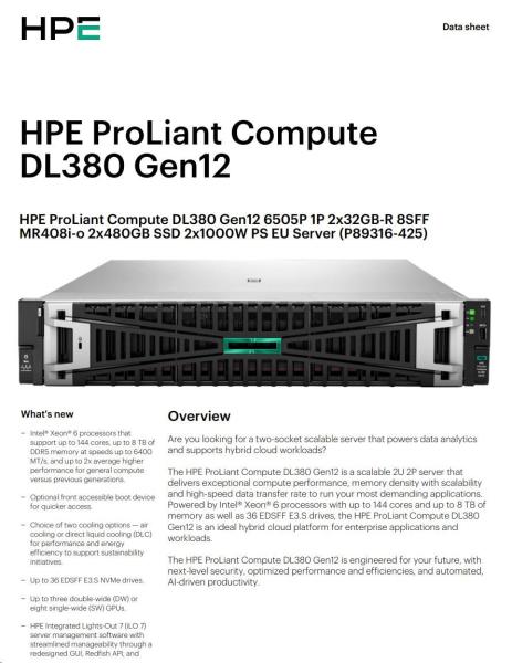 HPE PL DL380g12 6505P (2.2/ 12C) 2x32G (P69727) 2x480G MR408i-o 8SFF 2x1000W 10GbE NBD333 Smart Choice3