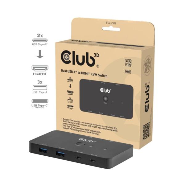 Club3D KVM Switch,  2xUSB-C na HDMI,  4K60Hz,  PD 100W