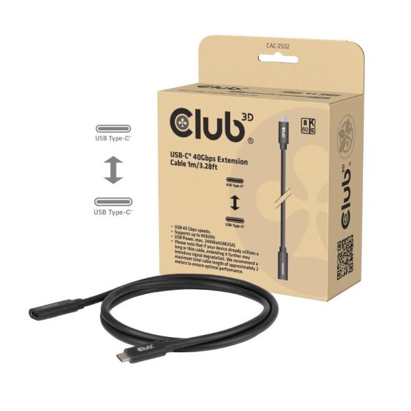 Club3D Prodlužovací kabel USB-C 8K60Hz,  40Gbps,  Power Delivery 240W,  (M/ F),  100cm