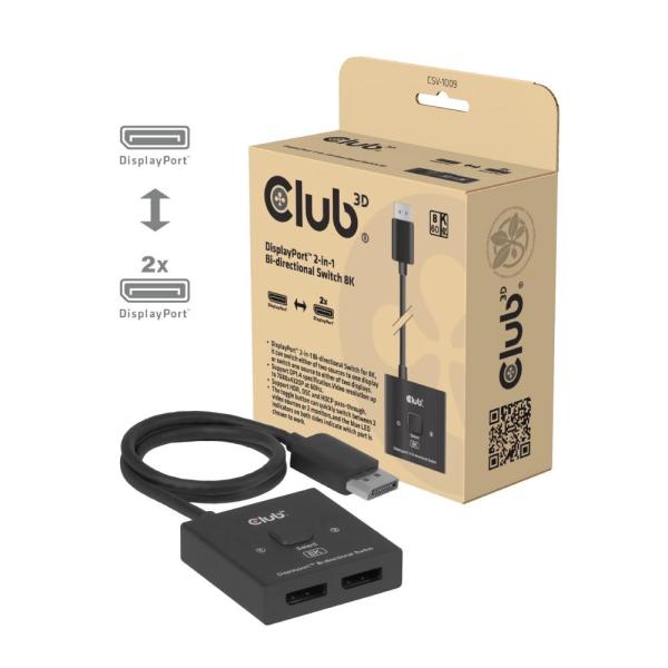 Club3D Switch,  DP na 2x DP Oboustranný 2v1,  8K60Hz,  0, 5m