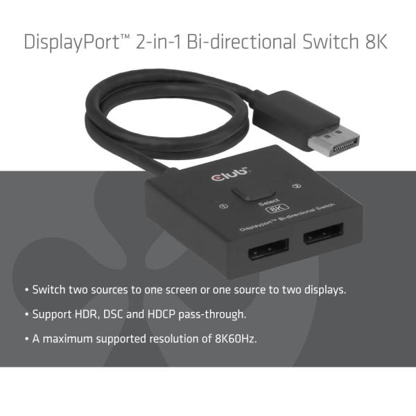 Club3D Switch,  DP na 2x DP Oboustranný 2v1,  8K60Hz,  0, 5m1