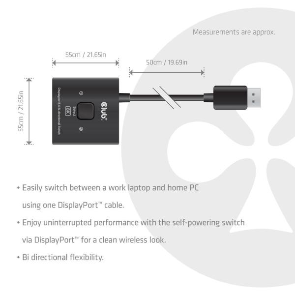 Club3D Switch,  DP na 2x DP Oboustranný 2v1,  8K60Hz,  0, 5m5