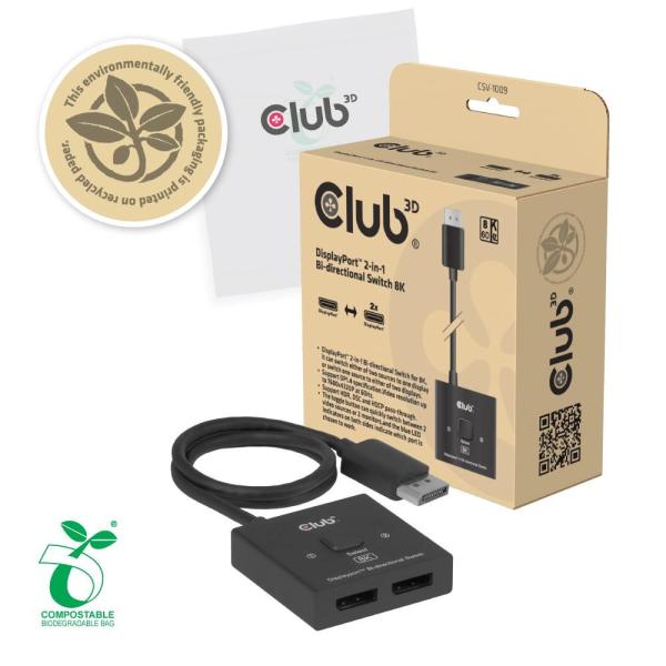 Club3D Switch,  DP na 2x DP Oboustranný 2v1,  8K60Hz,  0, 5m6