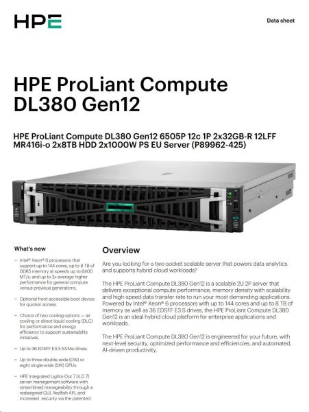 HPE PL DL380g12 6505P (2.2/ 12C) 2x32G (P69727) 12LFF 2x8TB (834031) MR416i-o 2x1000W o4x1GbE NBD333 Smart Choice4