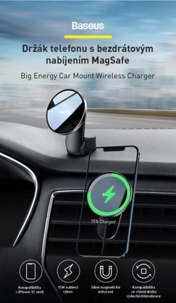 Držiak Baseus Big Energy s bezdrôtovým nabíjaním 15 W čierny (kompatibilný s Apple iPhone 12 Series)3