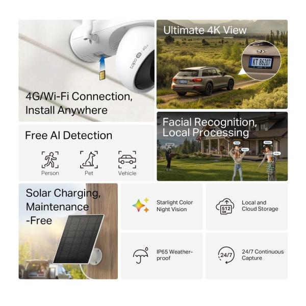 TP-Link Tapo C665G KIT venkovní 4G LTE kamera,  solární panel (8MP,  4K,  2168p,  IR,  4G LTE,  micro SD card,  IP65)1
