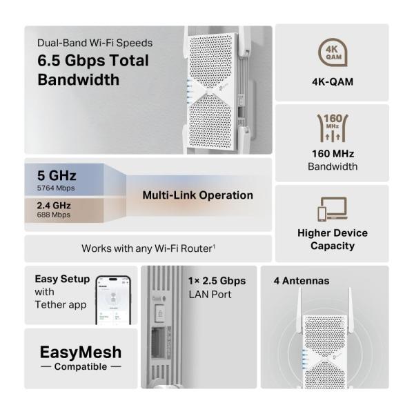 TP-Link RE405BE EasyMesh WiFi7 Extender/ Repeater (BE6500, 2, 4GHz/ 5GHz, 1x2, 5GbELAN)3