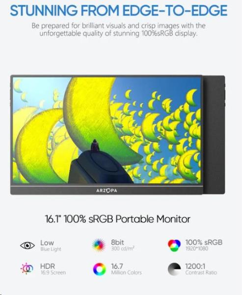 Arzopa Z1C Portable Monitor 16.1" IPS Full HD 1080p Metal Housing Přenosný monitor,  černý3