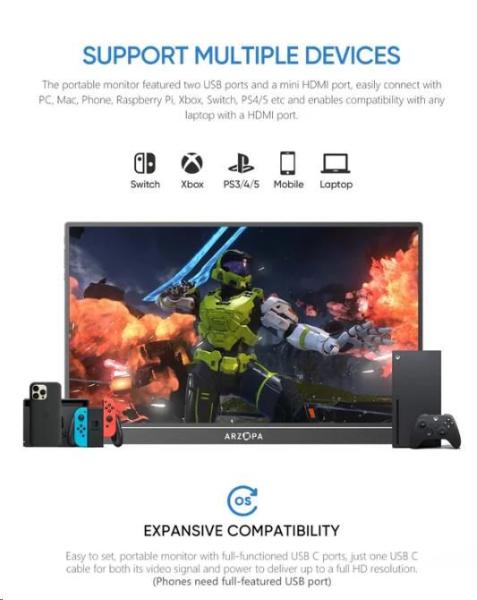 Arzopa Z1FC Portable Monitor 16.1" 144hz IPS Full HD 1080p Metal Housing Přenosný monitor + pouzdro,  šedý1