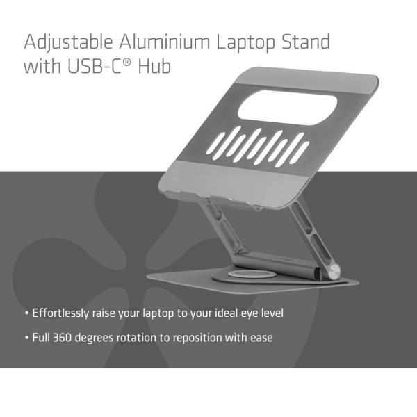 Club3D Nastavitelný hliníkový stojan pro notebook s USB-C hubem na 2xUSB,  1xHDMI,  2xUSB-C,  1xRJ45,  360°,  100W,  4K60Hz5
