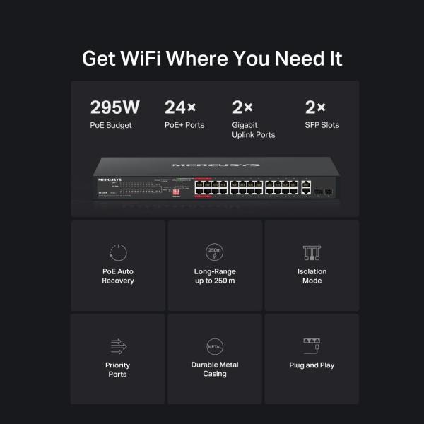 MERCUSYS switch MS128GP (24xGbE, 24xPoE+, 2xGbE, 2xSFP, 295W)2