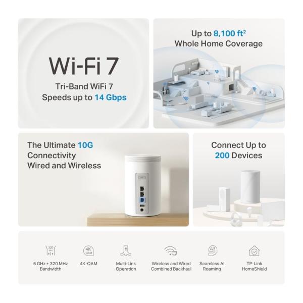 TP-Link Deco BE68(3-pack) WiFi7 Mesh(BE14000, 2, 4GHz/ 5GHz/ 6GHz, 1x10GbELAN/ WAN, 1x2, 5GbELAN/ WAN, 1xGbELAN/ WAN, 1xUSB3.0)3