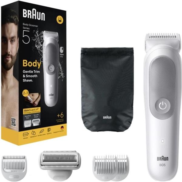Braun BG5550 tělový zastřihovač,  SkinGuard pro citlivou pokožku,  100 min provozu,  100% vodotěsný,  nástavce