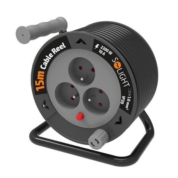 Solight prodlužovací přívod na bubnu 15m,  3 zásuvky,  černý kabel,  3x 1, 0mm2