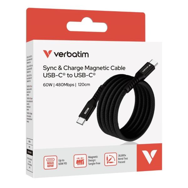 VERBATIM Kabel USB-C Sync & Charge,  60W,  Magnetický,  120cm,  černá3