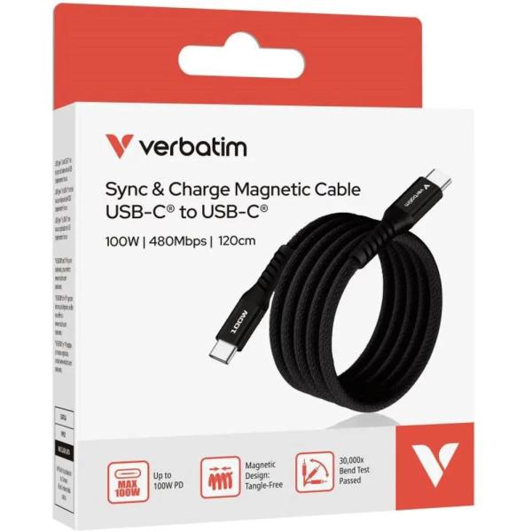 VERBATIM Kabel USB-C Sync & Charge,  100W,  Magnetický,  120cm,  černá2