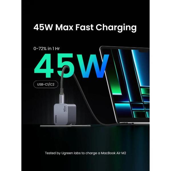 UGREEN síťová rychlonabíječka Nexode Pro 45W 2-Port USB-C,  GaN,  stříbrná2
