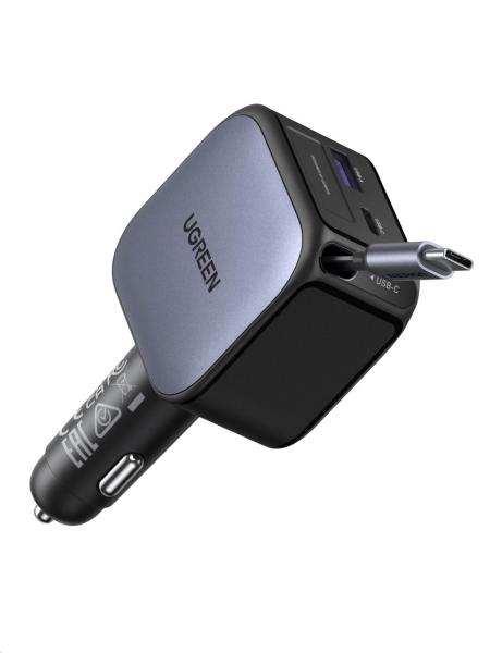 UGREEN rychlonabíječka do auta se zatahovacím kabelem 145W 3-Port,  2x USB-C, 1x USB-A,  GaN,  stříbrná