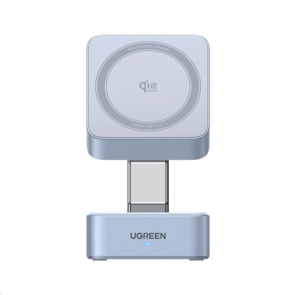 UGREEN magnetická bezdrátová nabíječka 2v1 MagFlow Qi2.2,  25W,  MagSafe,  stříbrná4