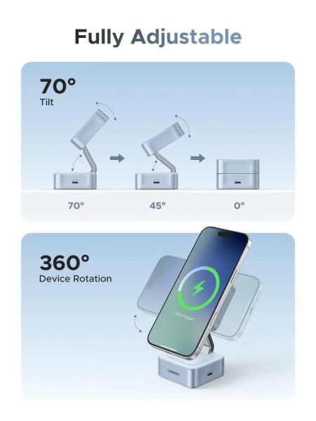 UGREEN magnetická bezdrátová nabíječka 2v1 MagFlow Qi2.2,  25W,  MagSafe,  stříbrná1