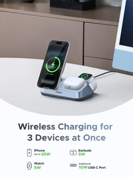 UGREEN magnetická bezdrátová nabíječka 3v1 MagFlow Qi2.2,  25W,  MagSafe,  stříbrná6
