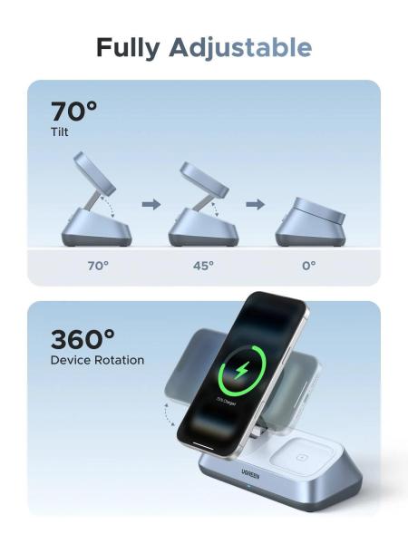 UGREEN magnetická bezdrátová nabíječka 3v1 MagFlow Qi2.2,  25W,  MagSafe,  stříbrná3