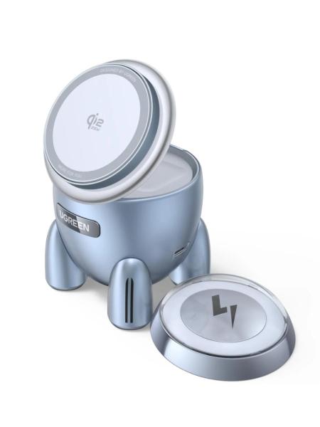 UGREEN magnetická bezdrátová nabíječka 2v1 MagFlow Qi2.2,  25W,  MagSafe,  raketa,  stříbrná