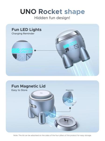 UGREEN magnetická bezdrátová nabíječka 2v1 MagFlow Qi2.2,  25W,  MagSafe,  raketa,  stříbrná5