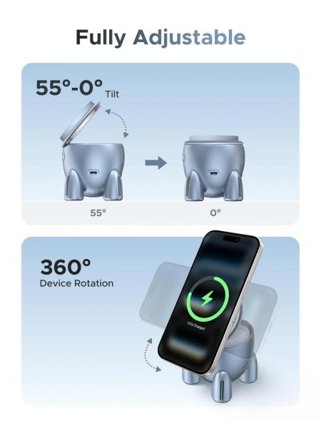 UGREEN magnetická bezdrátová nabíječka 2v1 MagFlow Qi2.2,  25W,  MagSafe,  raketa,  stříbrná6