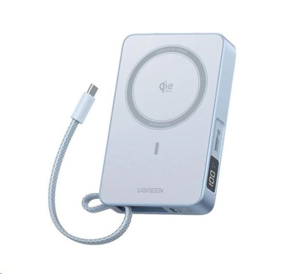 UGREEN magnetická powerbanka MagFlow 10000mAh s diplejem,  Li-ion,  30W,  MagSafe,  2x USB-C,  stříbrná