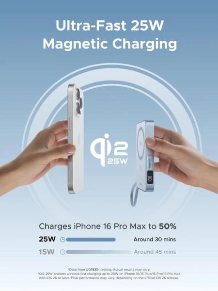 UGREEN magnetická powerbanka MagFlow 10000mAh s diplejem,  Li-ion,  30W,  MagSafe,  2x USB-C,  stříbrná3