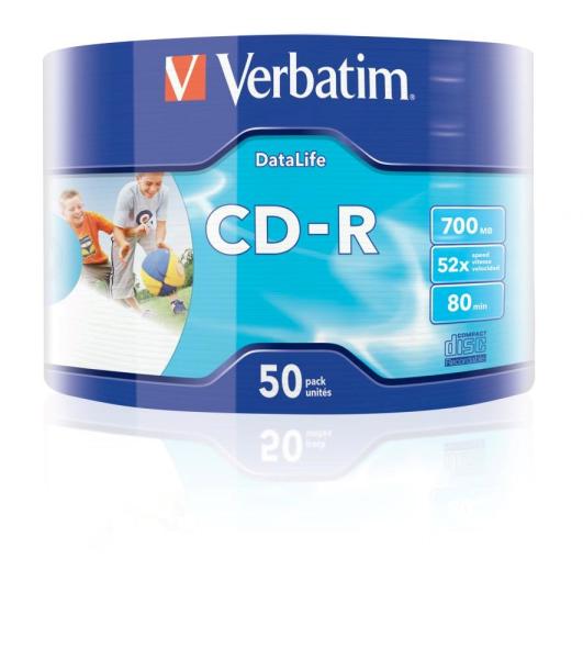VERBATIM CD-R (50-pack)Spindle/ Extra Protection Datalife Inkjet Printable Wrap / 52x/ 700MB WRAP1