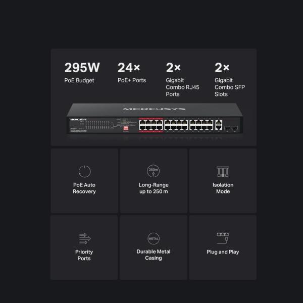 MERCUSYS switch MS126CP (24x100Mb/ s, 24xPoE+, 2xGbE/ SFPcombo, 295W)3