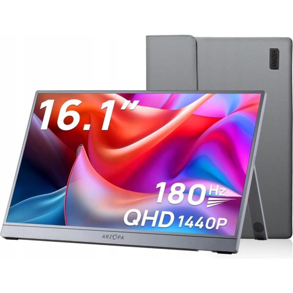 Arzopa Z3FC Portable Monitor 16.1" 180hz IPS 2K 1440P Metal Housing Přenosný monitor + pouzdro,  šedý