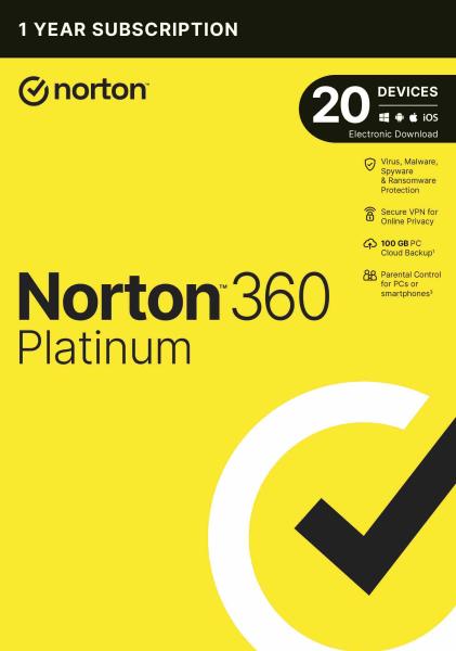 NORTON 360 PLATINUM 100 GB +VPN 1 používateľ pre 20 zariadení na 1 rok ESD