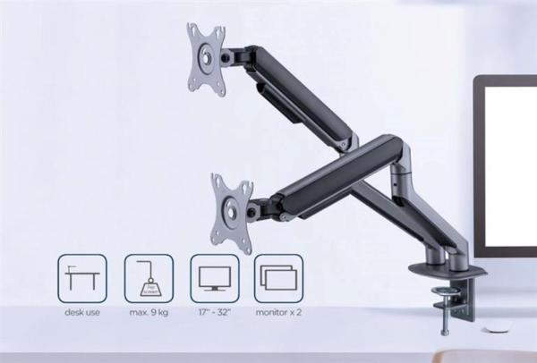 GEMBIRD Držák 2 monitorů na stůl MA-DA2-05,  naklápěcí,  až do 32” a 9kg,  vesmírně šedý10