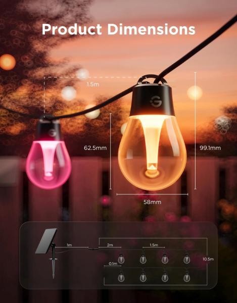 Govee RGBICW Smart solární zahradní retěz 8 žárovek8